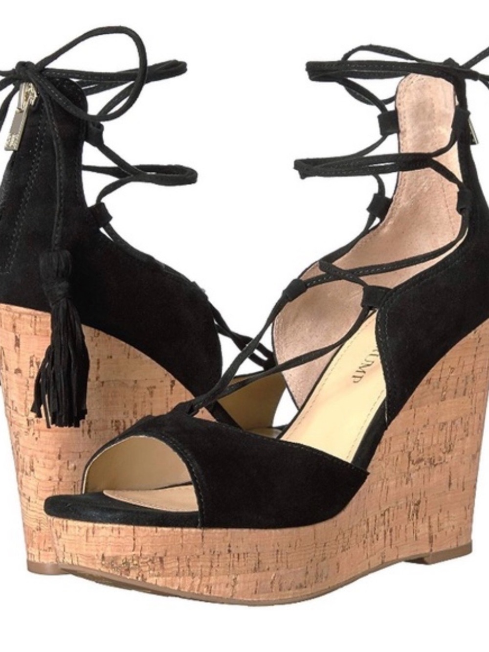 Ivanka Trump Womens Hindre Black Suede Lace Tassel Wedges Sandals 7.5 New $125